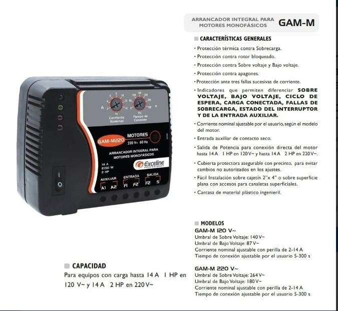 Arrancador Exceline para Motores Monofásicos Protección Voltaje y Sobrecarga 2Hp 220V
