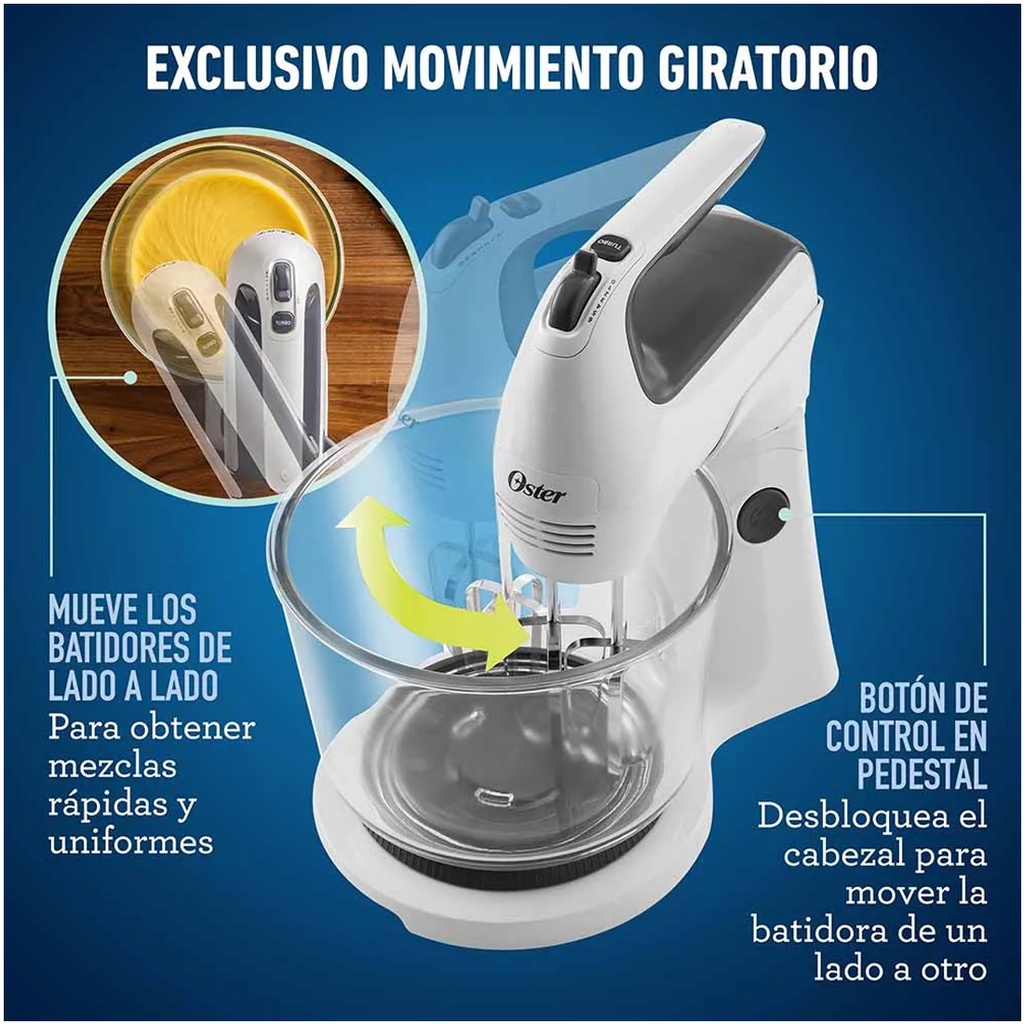 Batidora de Mano y Pedestal Oster con Tazón de Vidrio 6 Velocidades 3.7L 250W