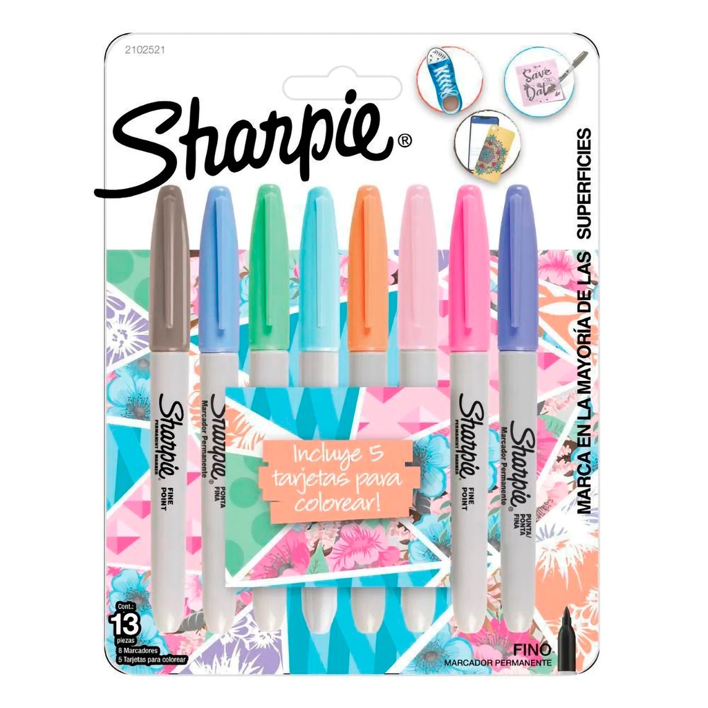 Marcadores Pastel Sharpie Finos Tx8 (+5 Tarjetas para Colorear)
