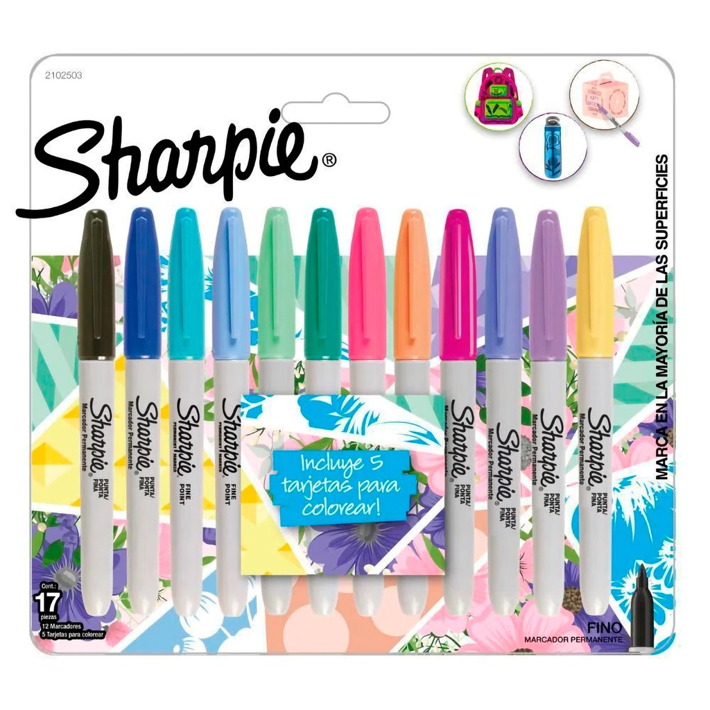 Marcadores Pastel Sharpie Finos Tx12 (+5 Tarjetas para Colorear)