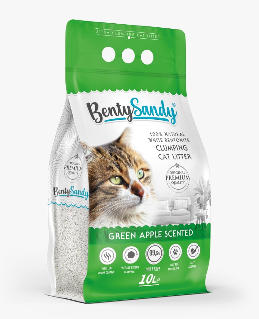 Arena para Gatos Bentysandy Manzana Verde Ultra absorbente y Ultra aglomerante 100% Bentonita 10L/ 8,7Kg 4Unds