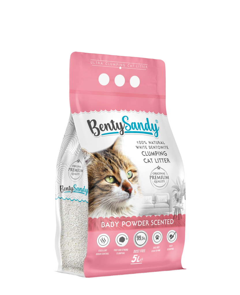 Arena para gatos Bentysandy Bebé Ultra absorbente y Ultra aglomerante 100% bentonita con aroma 5L/4,35Kg 8Unds