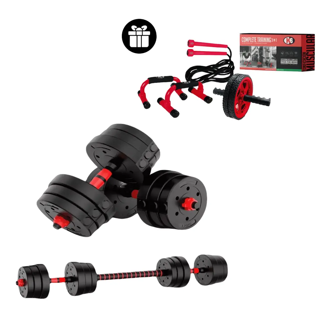 Kit Set Mancuernas + Lazo Para Saltar + Base Flexiones + Rueda Abs
